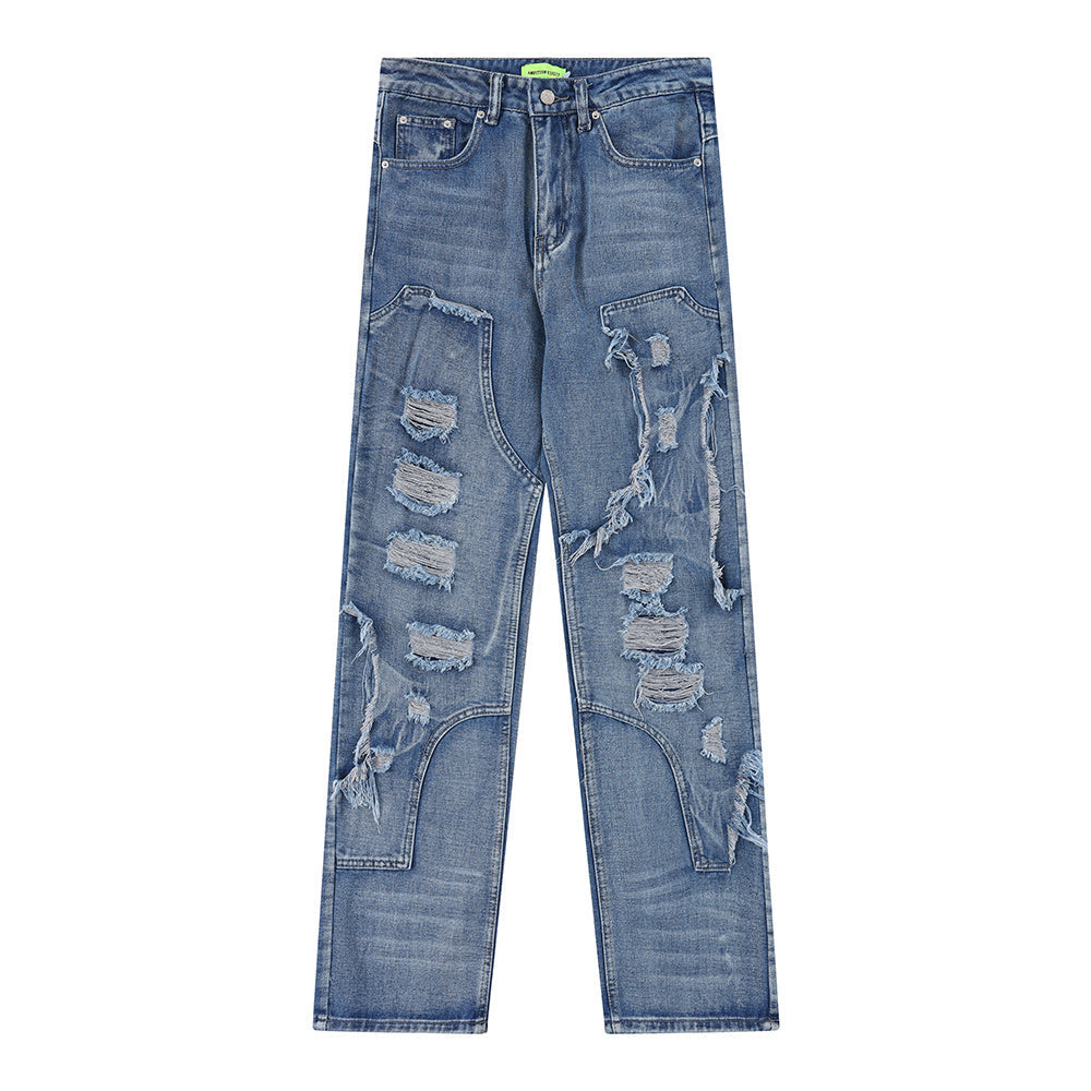 Stitching Hole Loose Denim Trousers Men