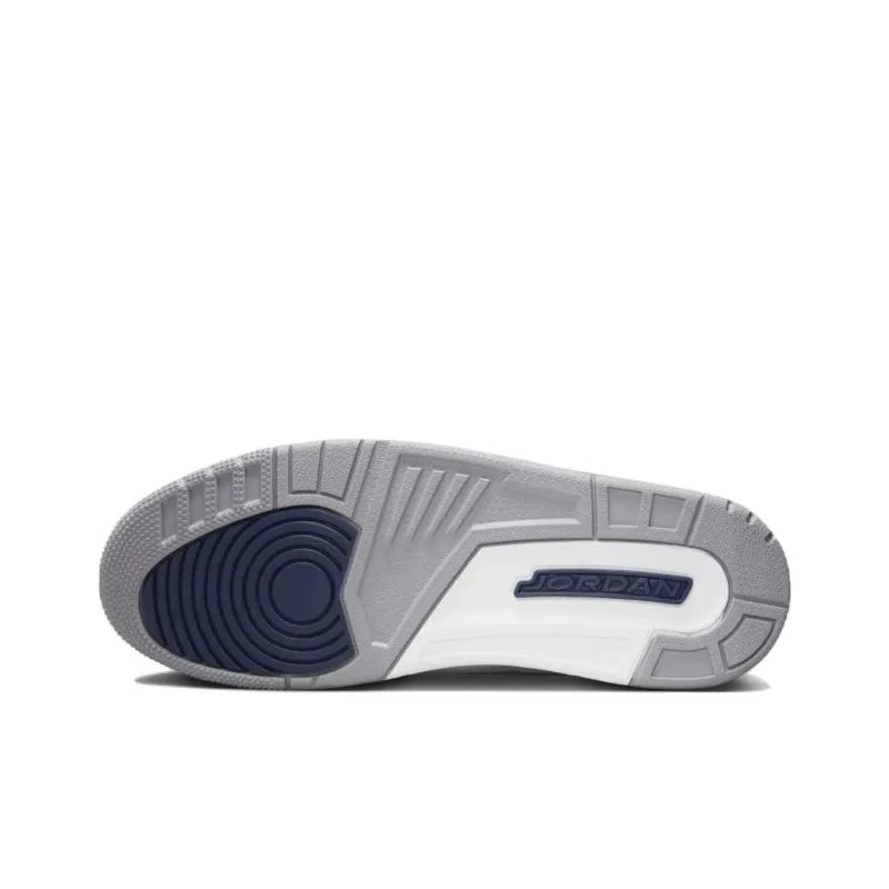 Air Jordan 3 Midnight Navy Sneakers - Classic White Leather, Iconic Grey Elephant Print, Air Cushioning