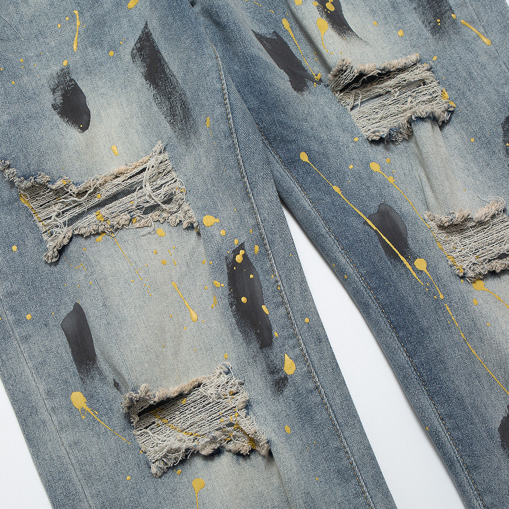 Men's Loose Washed-out Painting Splash-ink Ripped Jeans