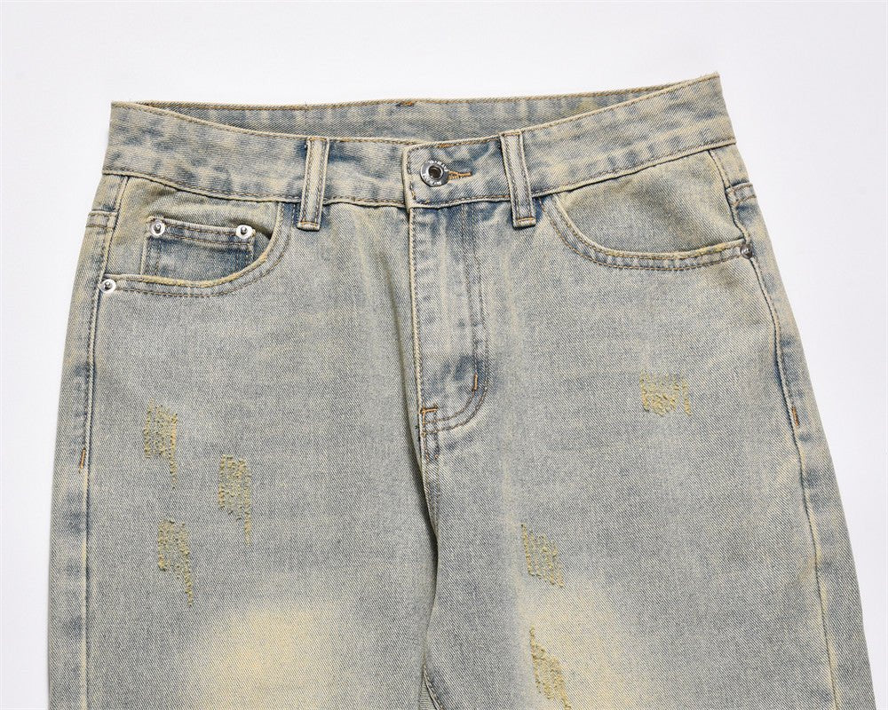 Fashion Holes Worn Denim Straight-leg Pants Men