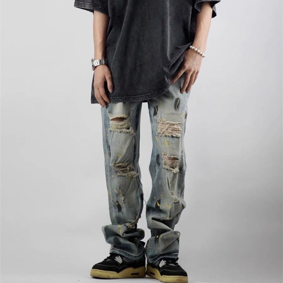 Men's Loose Washed-out Painting Splash-ink Ripped Jeans