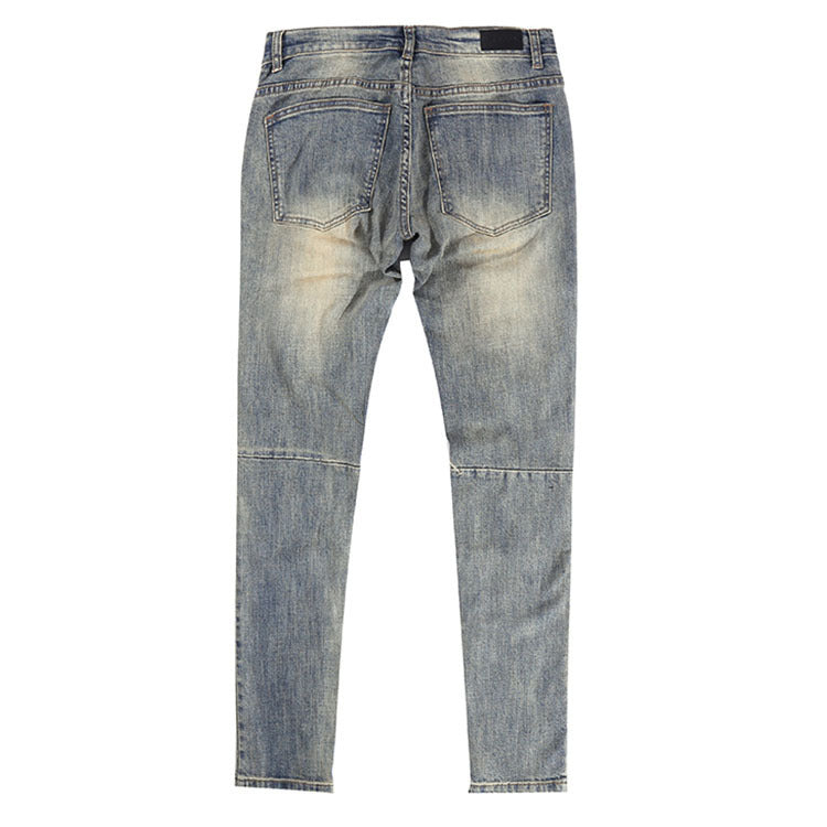 Ripped Washed Elastic Mid-waist Denim Trousers