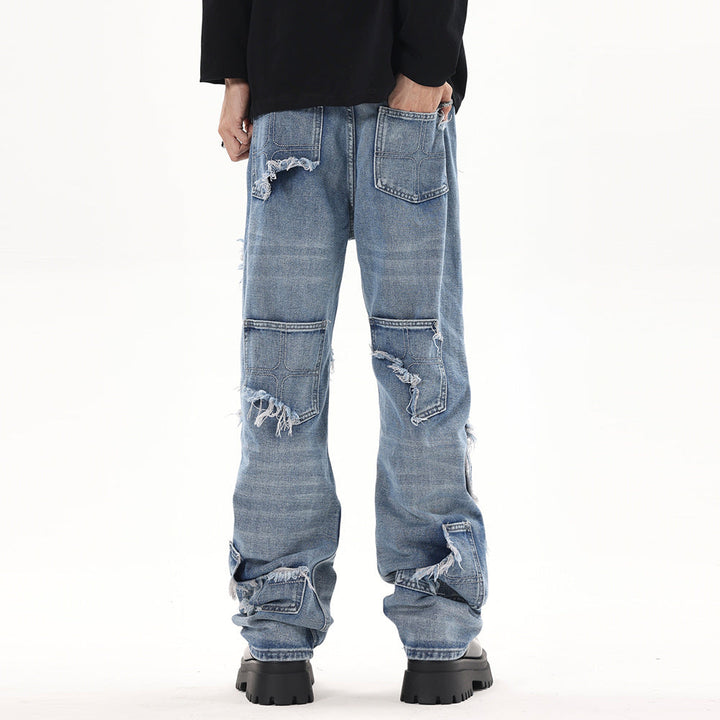 Stitching Hole Loose Denim Trousers Men