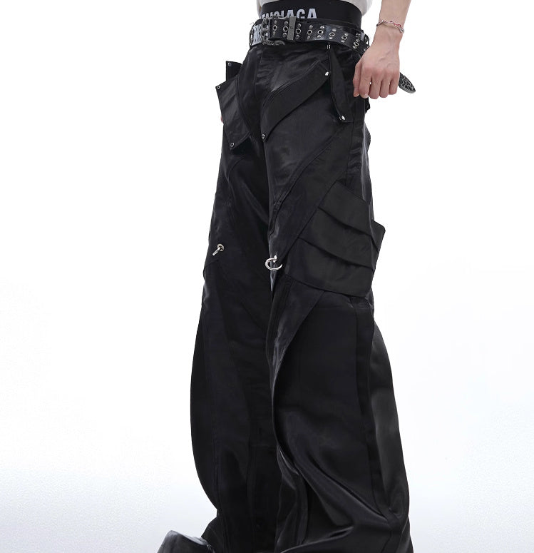 Liquid Glossy Deconstruction Leather Metal Buckle Slightly Flared Casual Pants