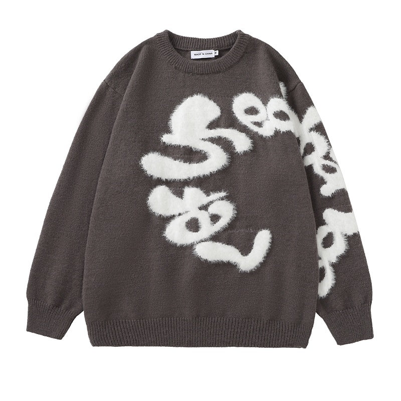 Plush Letter Crew Neck Sweater BF Men And Women Loose All-matching Sweater