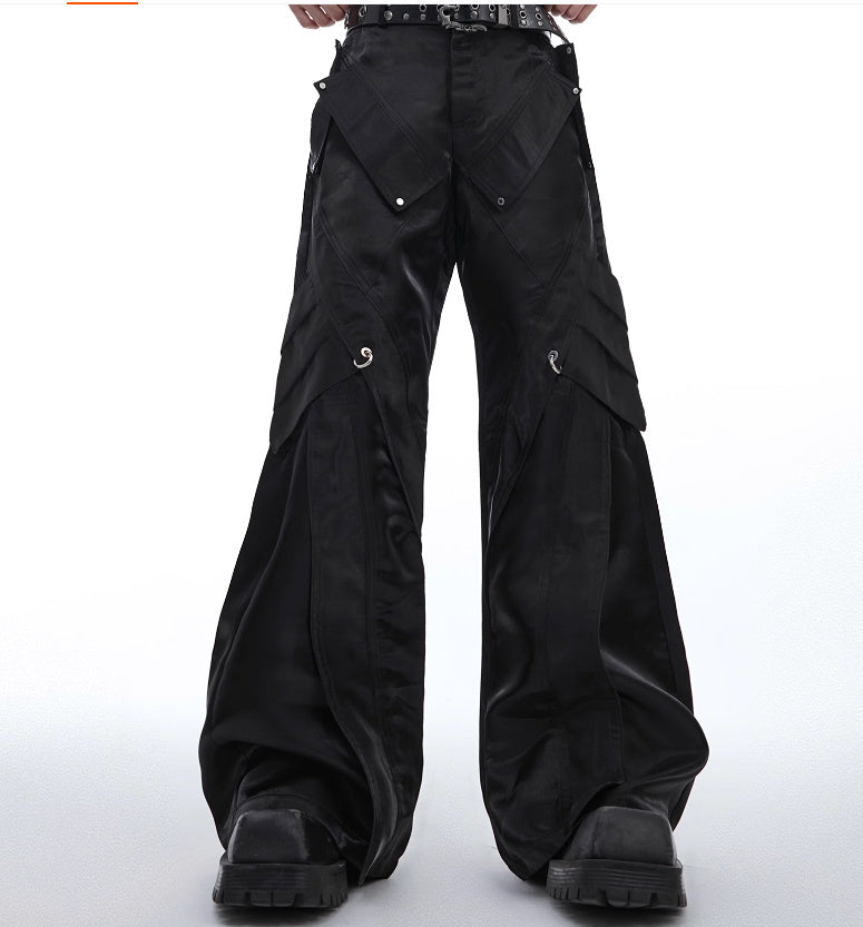 Liquid Glossy Deconstruction Leather Metal Buckle Slightly Flared Casual Pants