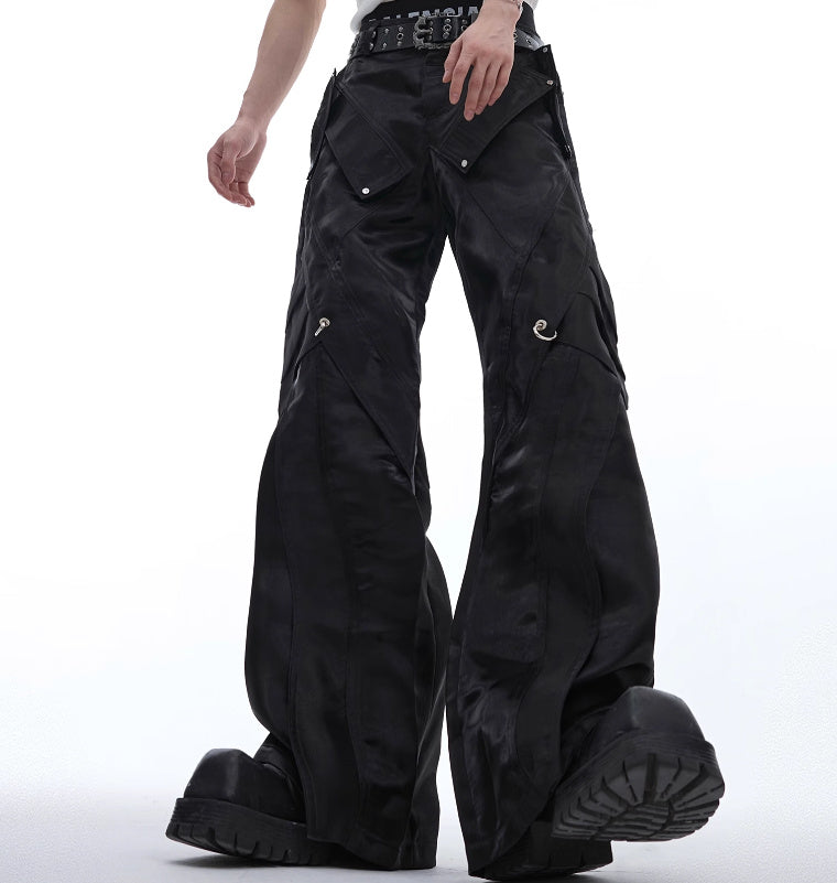 Liquid Glossy Deconstruction Leather Metal Buckle Slightly Flared Casual Pants