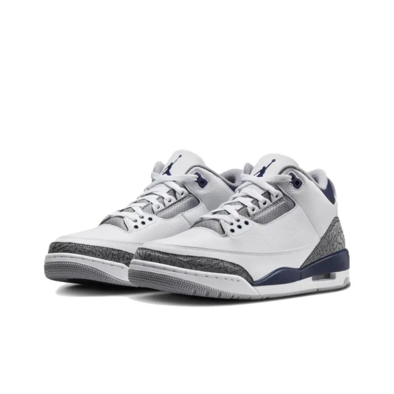 Air Jordan 3 Midnight Navy Sneakers - Classic White Leather, Iconic Grey Elephant Print, Air Cushioning