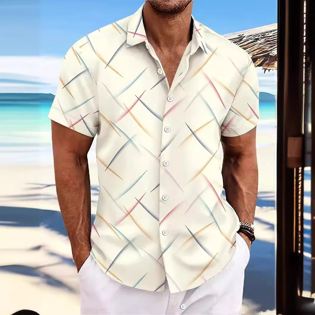 Summer New Men's Striped Feather Casual Beach Short Sleeve Button Shirt