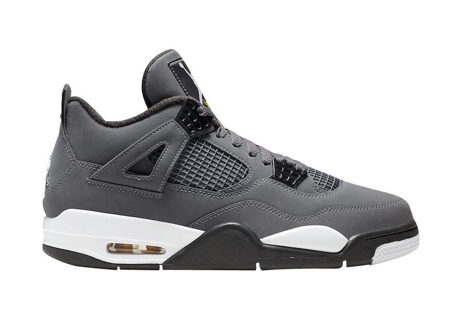 Air Jordan 4 Cool Grey 2019 Retro Sneakers with Chrome Logos and Yellow Flight Stitching