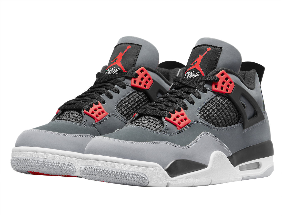 Air Jordan 4 Infrared Sneakers With Nubuck Upper, Grey and Black Accents, Waffle Eyelets