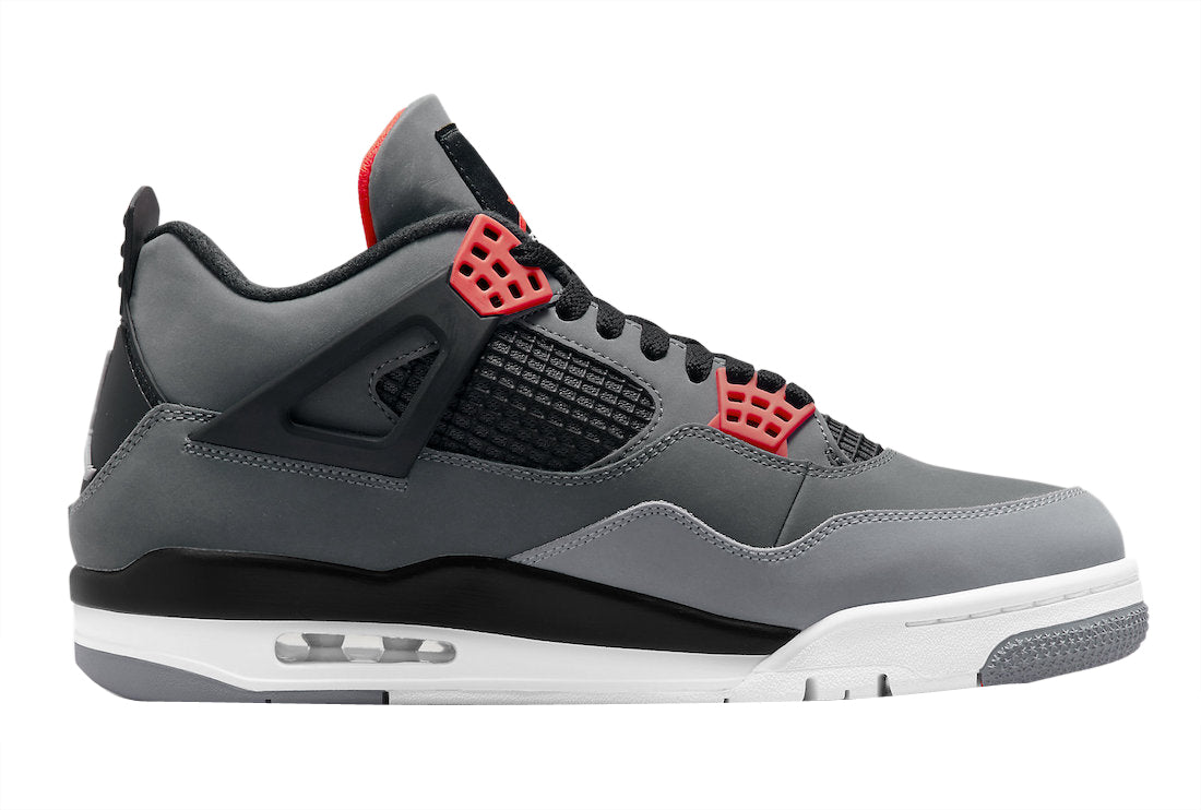 Air Jordan 4 Infrared Sneakers With Nubuck Upper, Grey and Black Accents, Waffle Eyelets