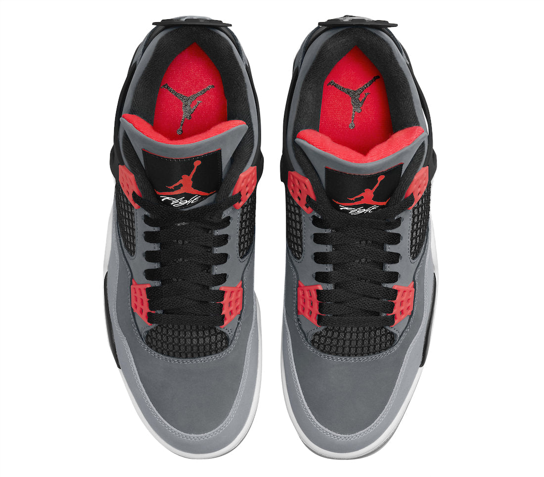 Air Jordan 4 Infrared Sneakers With Nubuck Upper, Grey and Black Accents, Waffle Eyelets