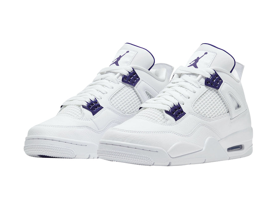 Air Jordan 4 Metallic Purple Sneakers - White Leather with Purple and Silver Accents, Jumpman Logo