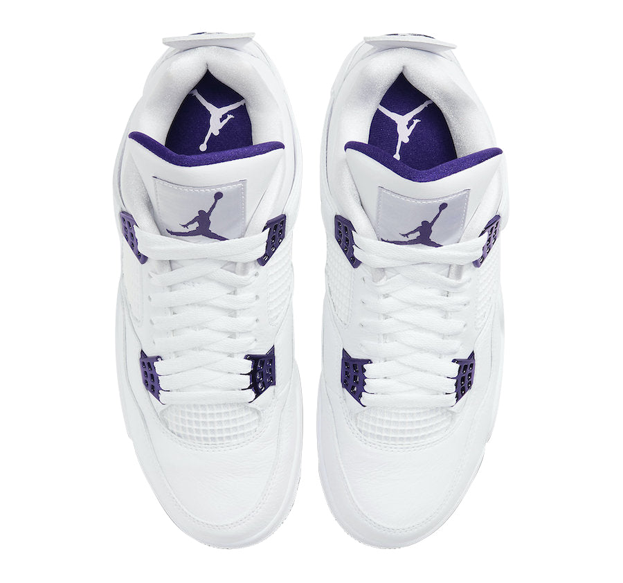 Air Jordan 4 Metallic Purple Sneakers - White Leather with Purple and Silver Accents, Jumpman Logo