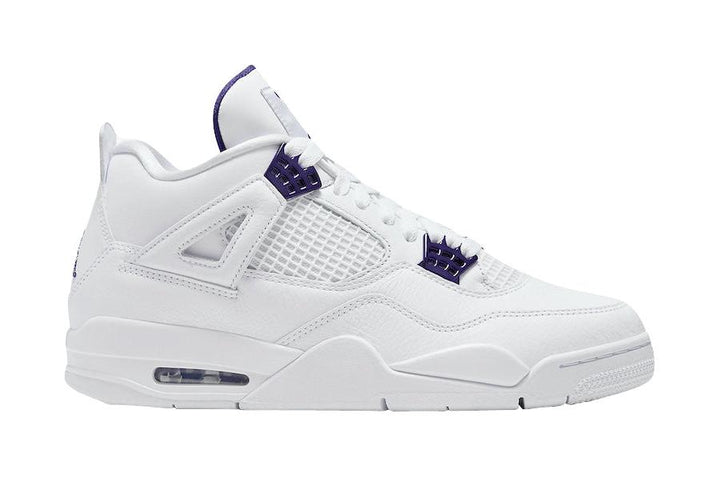 Air Jordan 4 Metallic Purple Sneakers - White Leather with Purple and Silver Accents, Jumpman Logo