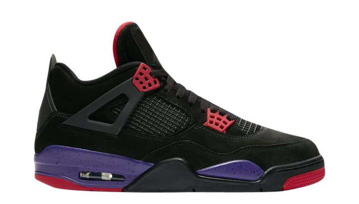 Air Jordan 4 NRG Raptors Black Suede, Court Purple & Red Accents, Embossed Jumpman Tag